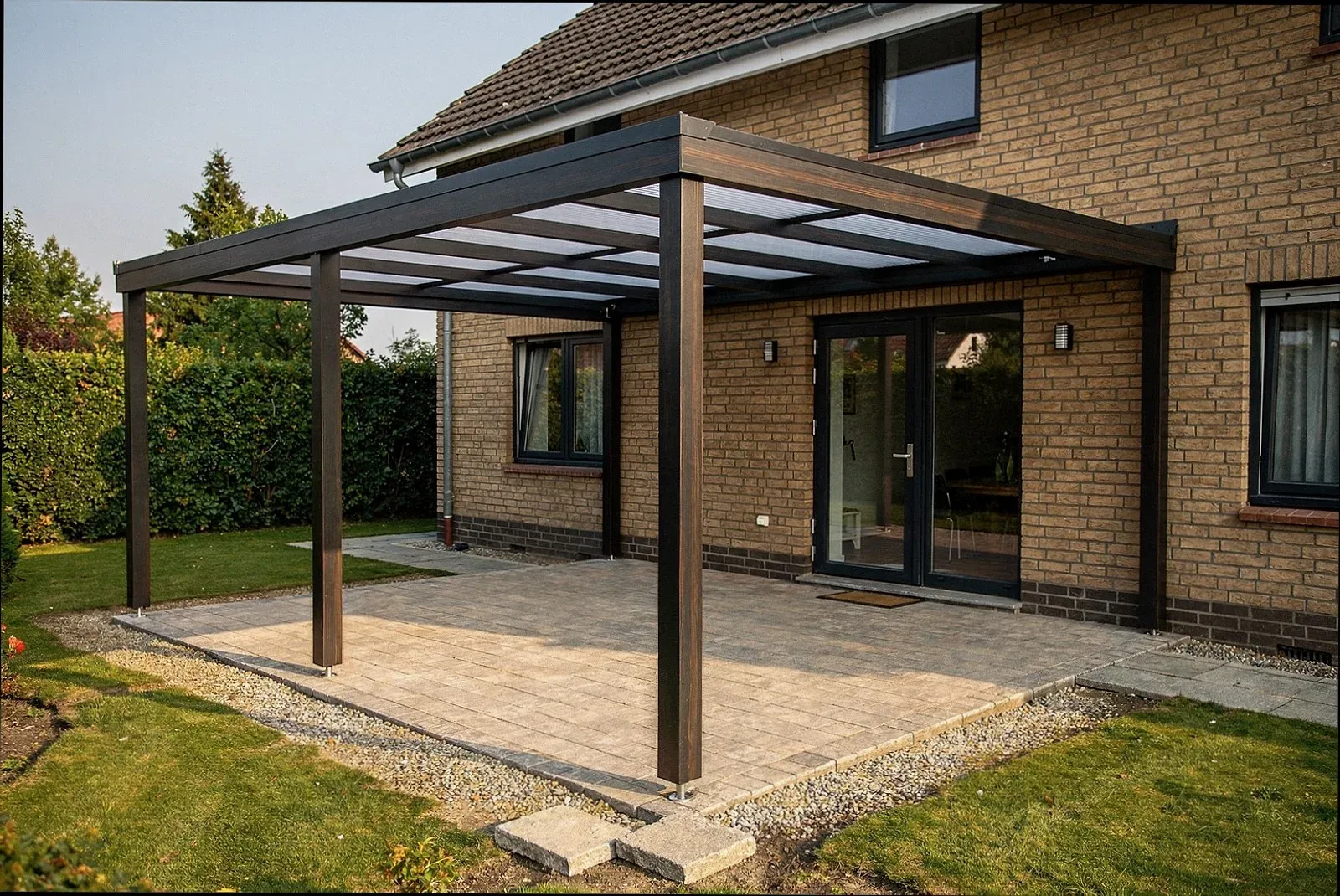 Fertig montiertes Glasdach auf Aluminiumrahmen über einer Terrasse in Ravensburg